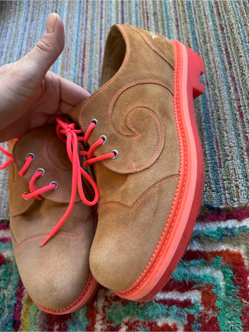 Fluevog 7th Heaven Derby Swirl suede lace-up derby shoe orange/pink -11.5 - Picture 12 of 16